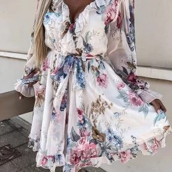 Levency New In Ruffles Floral V Neck Long Sleeve Mini Dress