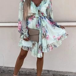 Levency New In Ruffles Floral V Neck Long Sleeve Mini Dress