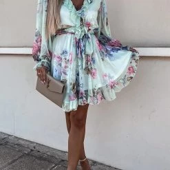 Levency New In Ruffles Floral V Neck Long Sleeve Mini Dress