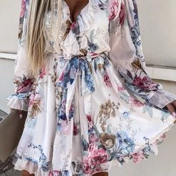 Levency New In Ruffles Floral V Neck Long Sleeve Mini Dress