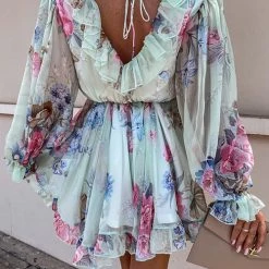 Levency New In Ruffles Floral V Neck Long Sleeve Mini Dress