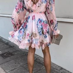 Levency New In Ruffles Floral V Neck Long Sleeve Mini Dress