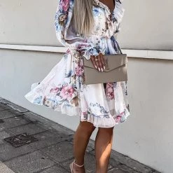 Levency New In Ruffles Floral V Neck Long Sleeve Mini Dress