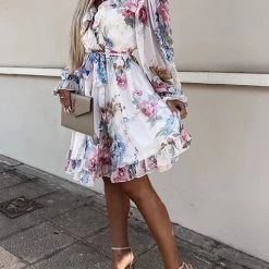 Levency New In Ruffles Floral V Neck Long Sleeve Mini Dress