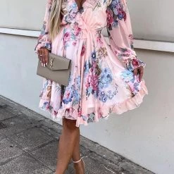 Levency New In Ruffles Floral V Neck Long Sleeve Mini Dress
