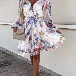 Levency New In Ruffles Floral V Neck Long Sleeve Mini Dress