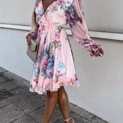 Levency New In Ruffles Floral V Neck Long Sleeve Mini Dress
