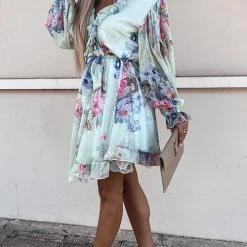 Levency New In Ruffles Floral V Neck Long Sleeve Mini Dress