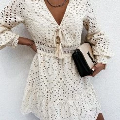 Levency New In Lace Hollow V Neck Mini Dress