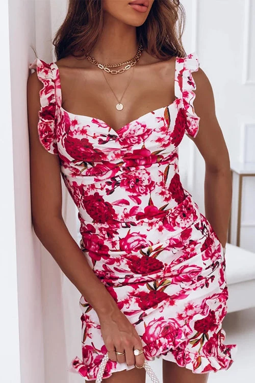 Levency Floral Ruffles V Neck Bodycon Mini Dress 4 Levency Floral Ruffles V Neck Bodycon Mini Dress