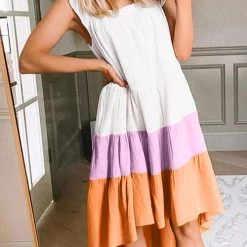 Levency New In Square High Low Tiered Colorblock Midi Dress