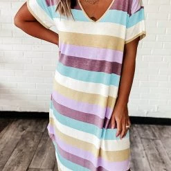 Levency Multi Color Striped V Neck Dress