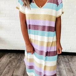 Levency Multi Color Striped V Neck Dress