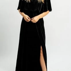 Levency New In Velvet Wlastic Waist Slit Maxi Dress