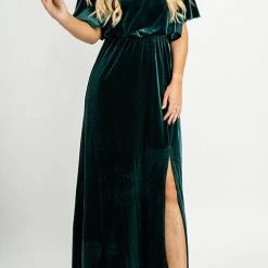 Levency New In Velvet Wlastic Waist Slit Maxi Dress