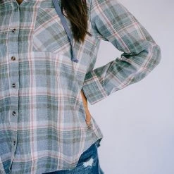 Levency New In Flannel Plaid Button Down Hoodie Top