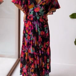 Levency New In V Neck Floral Bat Maxi Dress