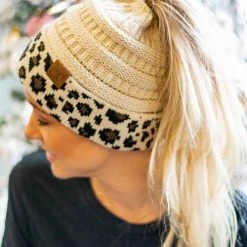 Levency New In Animal Print Messy Bun Beanie