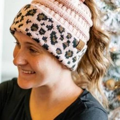 Levency New In Animal Print Messy Bun Beanie