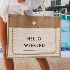 Levency HELLO WEEKEND Jute Tote Bag 12 Levency HELLO WEEKEND Jute Tote Bag
