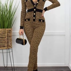 Levency New In Gold Thread Button Up Bodycon Jumpsuit