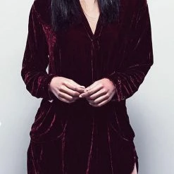 Levency New In V Neck Pockets Velvet Shirt Dress