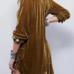 Levency New In V Neck Pockets Velvet Shirt Dress