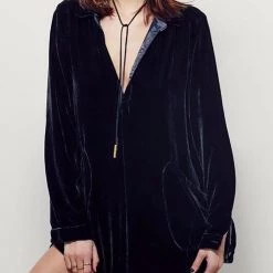 Levency New In V Neck Pockets Velvet Shirt Dress