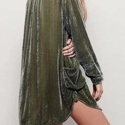 Levency New In V Neck Pockets Velvet Shirt Dress