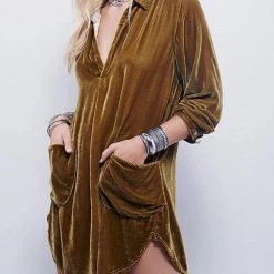 Levency New In V Neck Pockets Velvet Shirt Dress