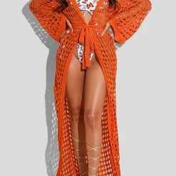 Levency Knitted Pierced Solid Color Beach Coat