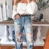 Levency Denim Hole Distressed Wide Leg Tassel Jeans