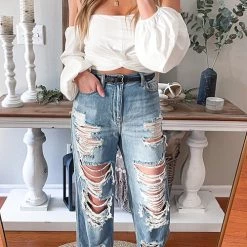 Levency Denim Hole Distressed Wide Leg Tassel Jeans