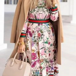 Levency Button Floral Print Long Sleeve Pleated Dress