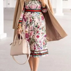 Levency Button Floral Print Long Sleeve Pleated Dress