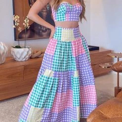 Levency Plaid Color Block Tie Shoulder Maxi Skirt Set