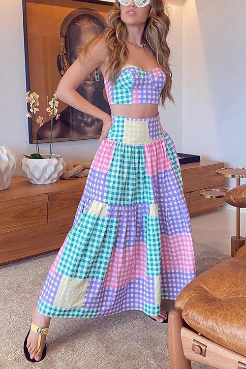 Levency Plaid Color Block Tie Shoulder Maxi Skirt Set 1 Levency Plaid Color Block Tie Shoulder Maxi Skirt Set