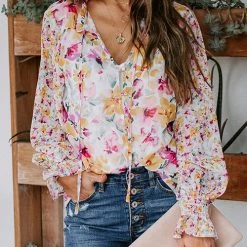 Levency Floral Button Cuffed Sleeve Blouse 15 Levency Floral Button Cuffed Sleeve Blouse