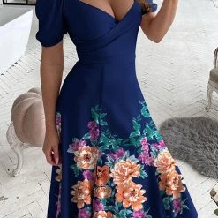 Levency New In V Neck Floral Printed Short Sleeve Dress