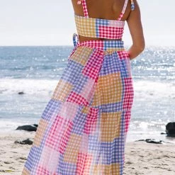 Levency Plaid Color Block Tie Shoulder Maxi Skirt Set 11 Levency Plaid Color Block Tie Shoulder Maxi Skirt Set