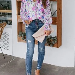 Levency Floral Button Cuffed Sleeve Blouse 19 Levency Floral Button Cuffed Sleeve Blouse