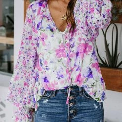 Levency Floral Button Cuffed Sleeve Blouse