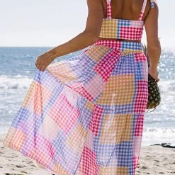 Levency Plaid Color Block Tie Shoulder Maxi Skirt Set 13 Levency Plaid Color Block Tie Shoulder Maxi Skirt Set