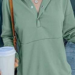 Levency New In Solid Button Drawstring Hoodie