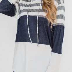 Levency Stripe Color Block Drawstring Hooded Pullover New In