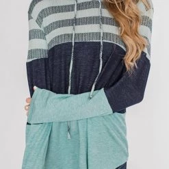 Levency Stripe Color Block Drawstring Hooded Pullover New In