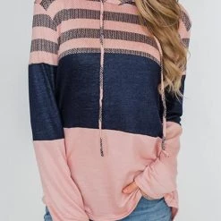 Levency Stripe Color Block Drawstring Hooded Pullover New In