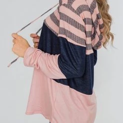Levency Stripe Color Block Drawstring Hooded Pullover New In