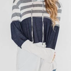 Levency Stripe Color Block Drawstring Hooded Pullover New In