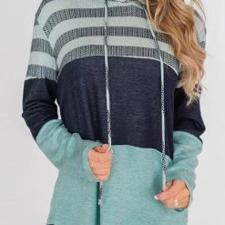 Levency Stripe Color Block Drawstring Hooded Pullover New In